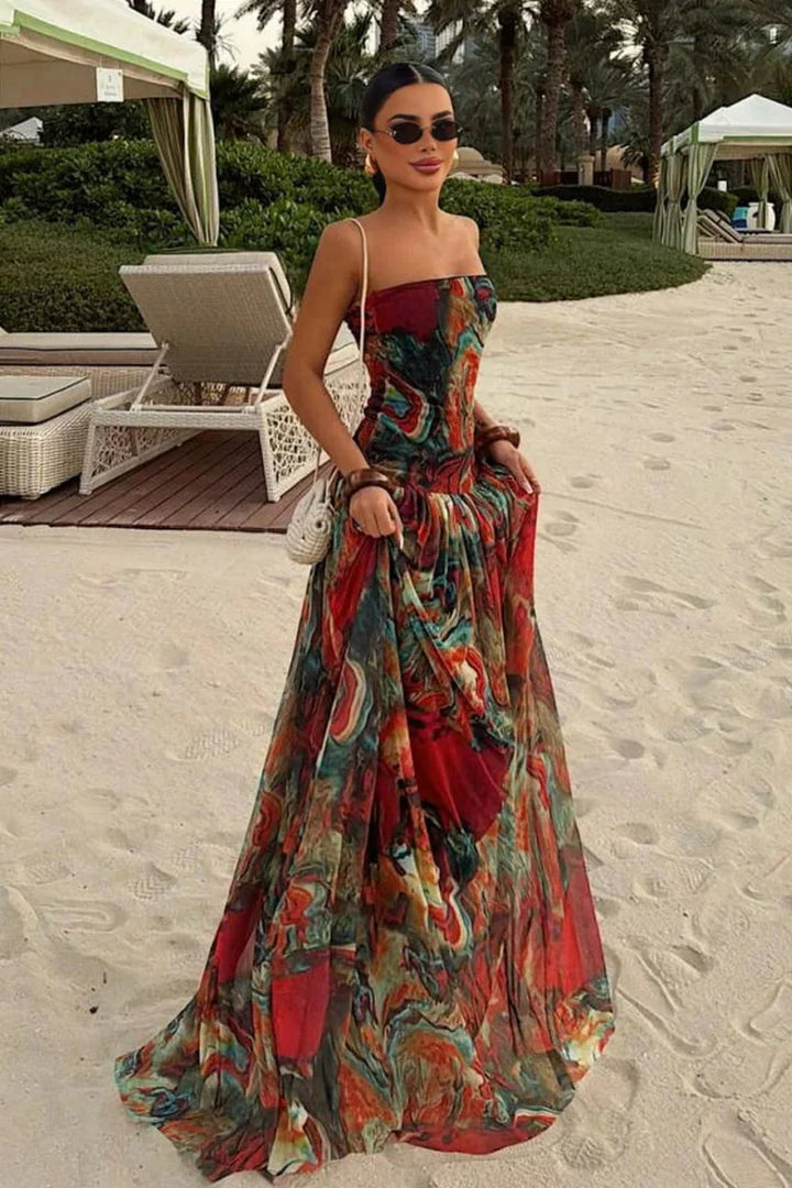 Robe Longue Sans Bretelles Pour Femme à Motif Floral Tropical