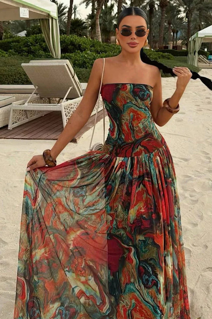 Robe Longue Sans Bretelles Pour Femme à Motif Floral Tropical