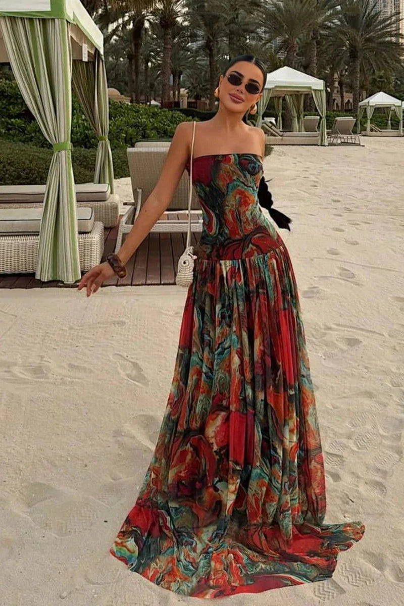 Robe Longue Sans Bretelles Pour Femme à Motif Floral Tropical