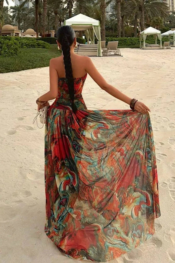 Robe Longue Sans Bretelles Pour Femme à Motif Floral Tropical
