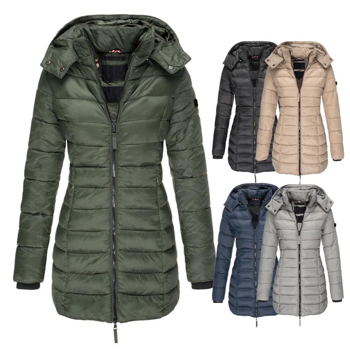 Trench-Coat Long Matelassé Pour Femme à Capuche et Fermeture Zippée