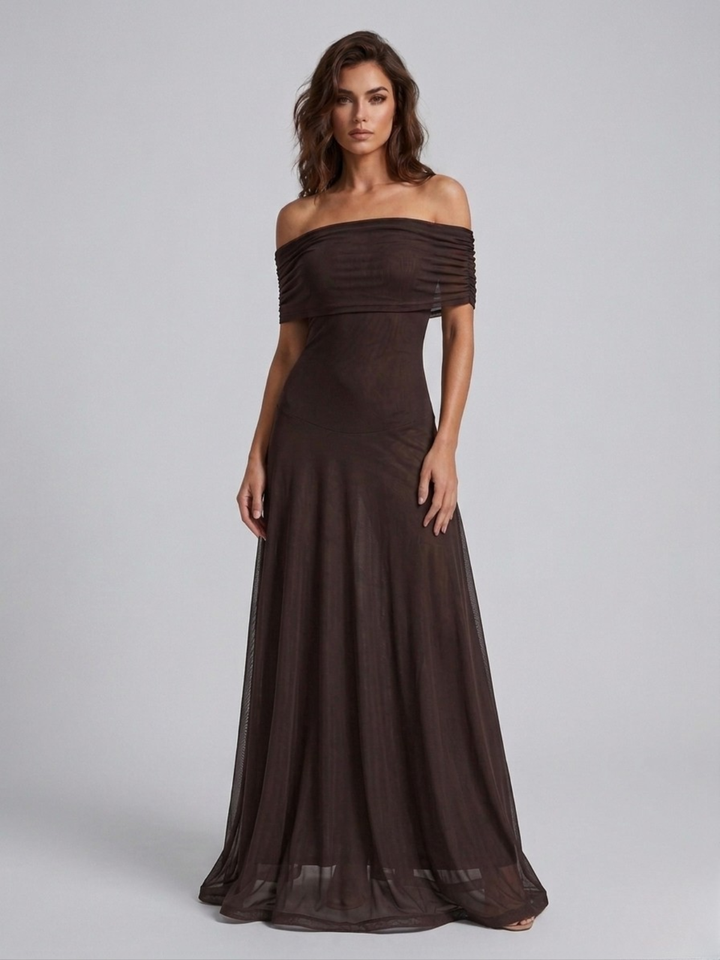 Robe longue drapée épaules nues pour femme
