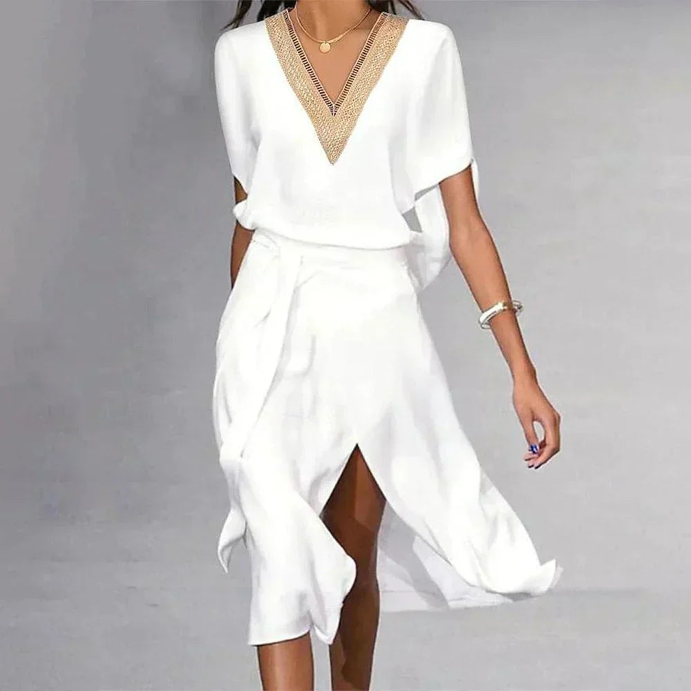 Robe Midi Élégante Femme Fluide à Col V Orné