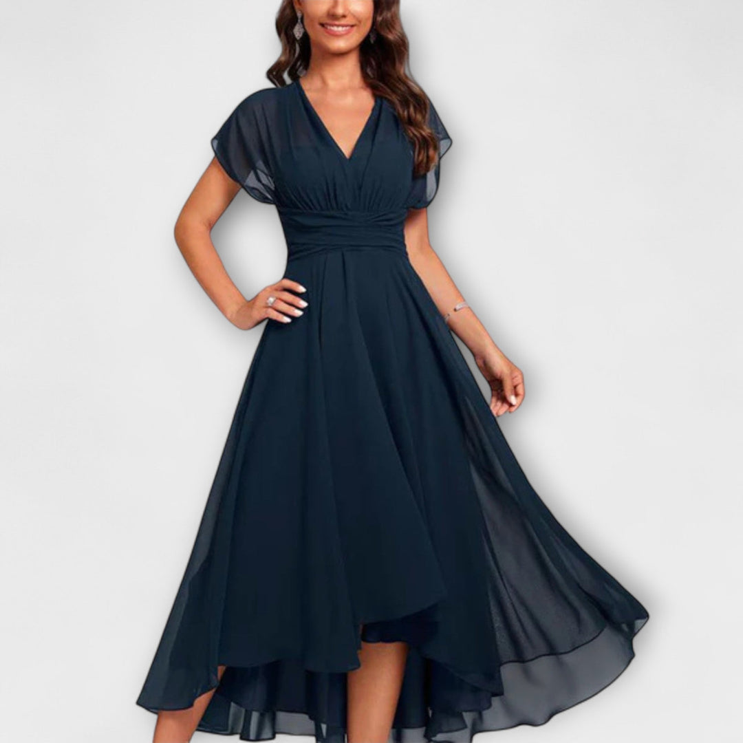 Robe Midi Asymétrique pour Femme Fluide à Col V et Taille Cintrée