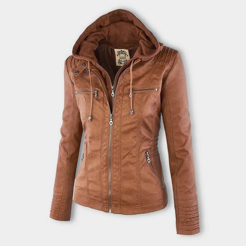 Veste en Cuir Moto Ajustée à Capuche Zippée pour Femme