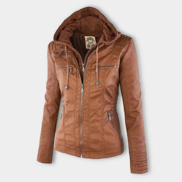 Veste en Cuir Moto Ajustée à Capuche Zippée pour Femme