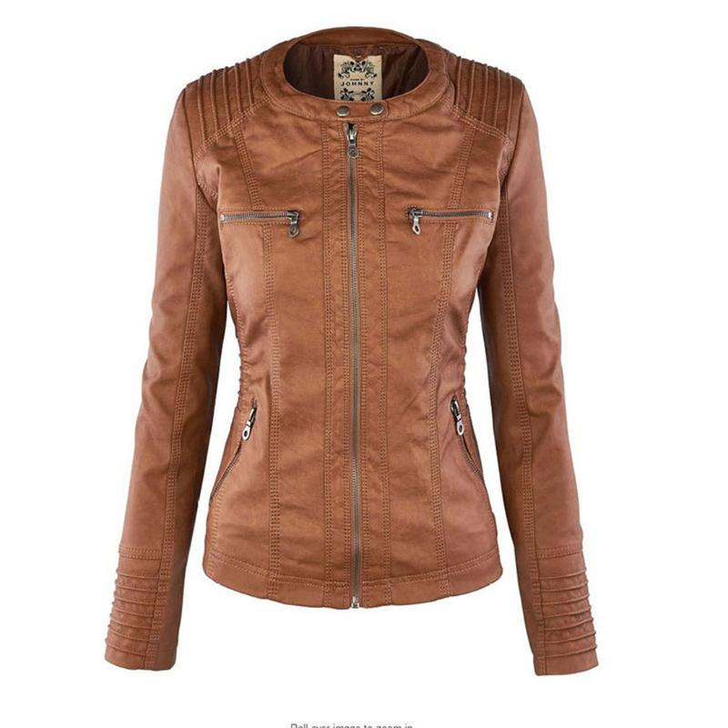 Veste en Cuir Moto Ajustée à Capuche Zippée pour Femme
