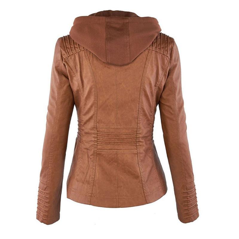 Veste en Cuir Moto Ajustée à Capuche Zippée pour Femme