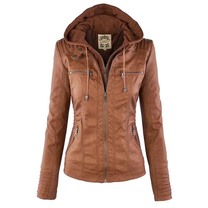 Veste en Cuir Moto Ajustée à Capuche Zippée pour Femme