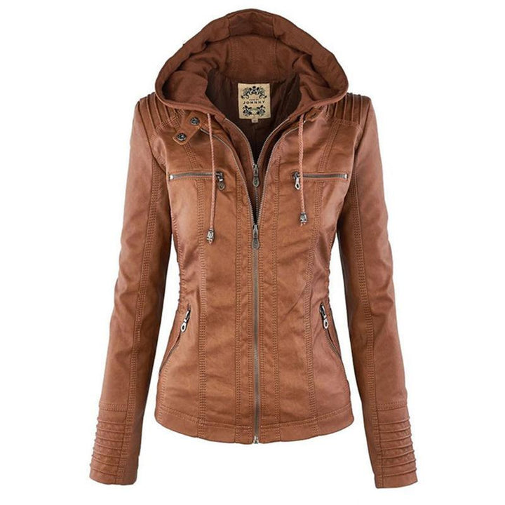 Veste en Cuir Moto Ajustée à Capuche Zippée pour Femme