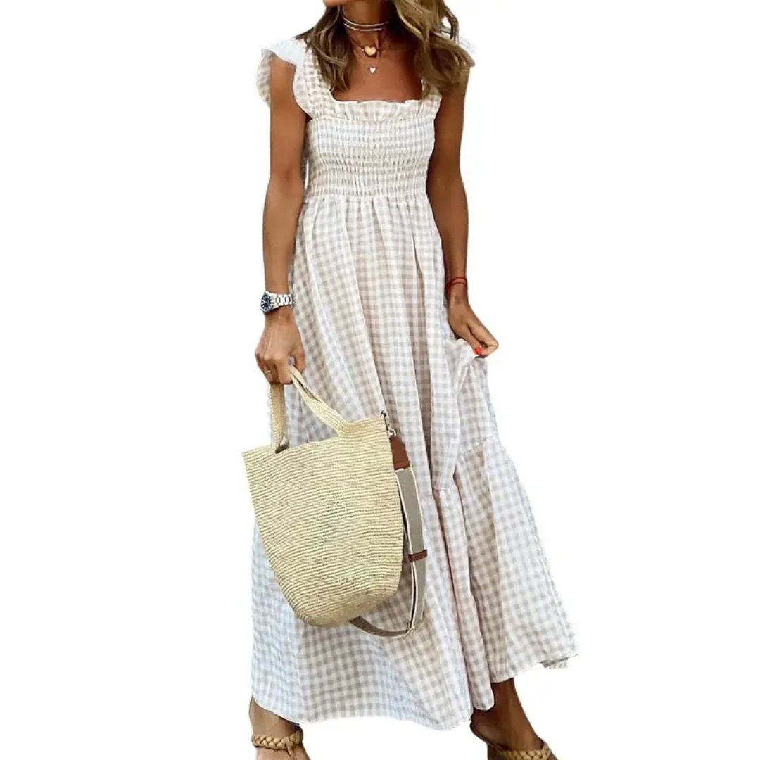 Abito lungo da donna a quadretti Vichy con spalline a volant