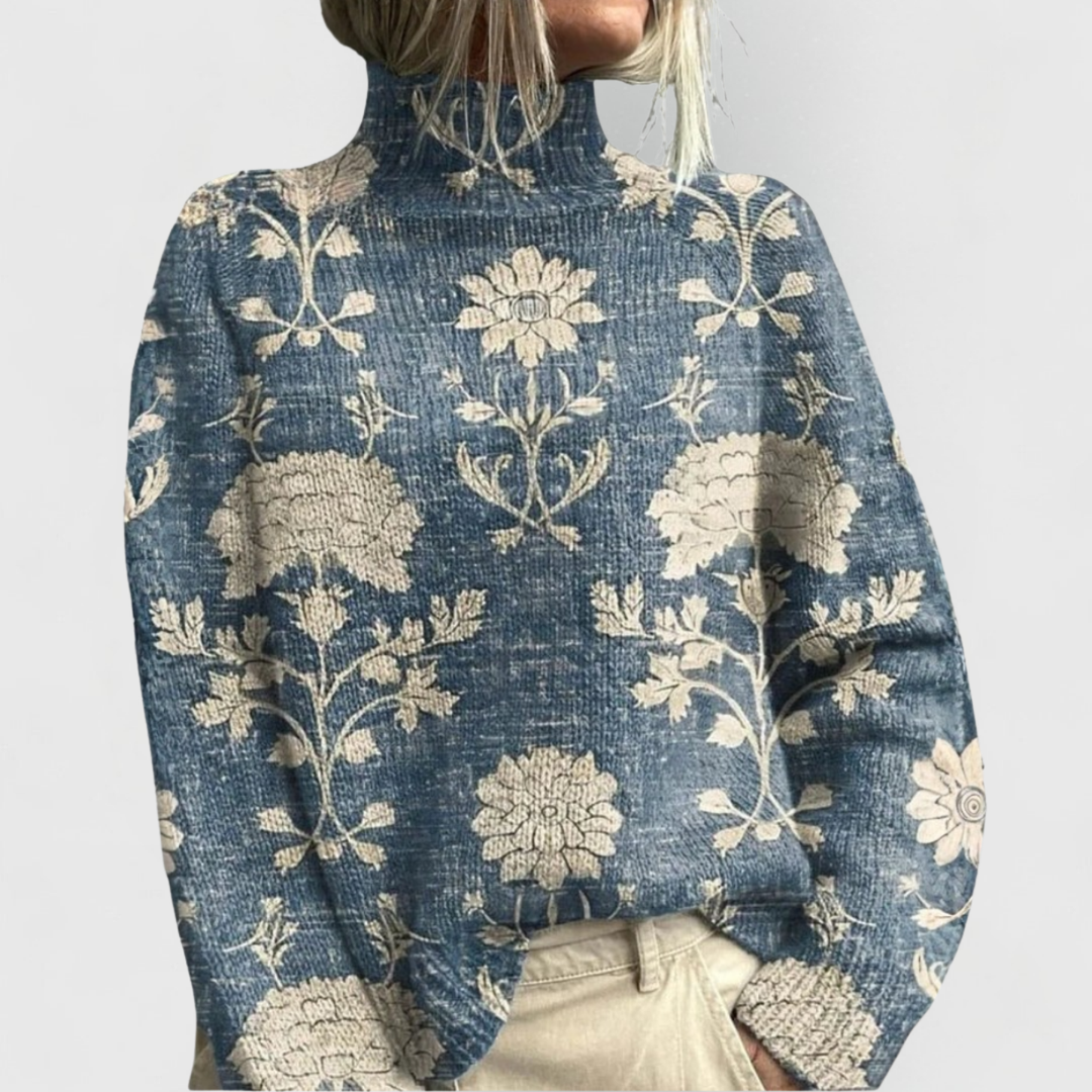 Maglione da donna a collo alto con stampa floreale vintage