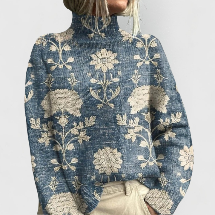 Maglione da donna a collo alto con stampa floreale vintage