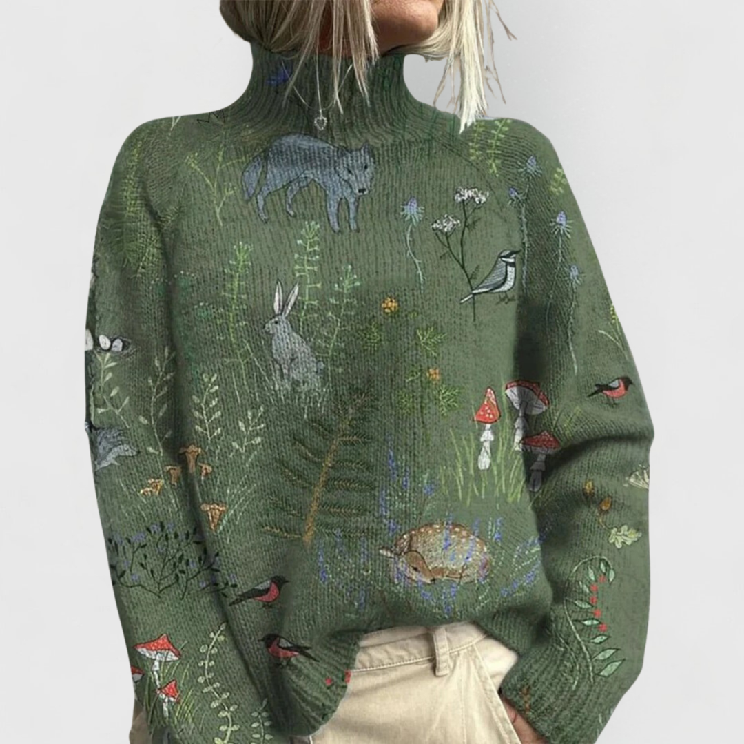 Maglione da donna a collo alto con stampa floreale vintage