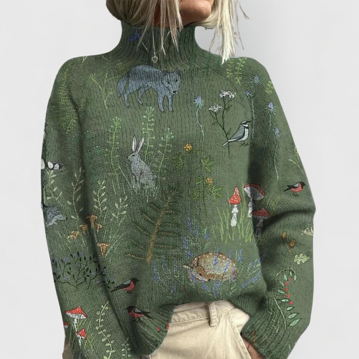 Maglione da donna a collo alto con stampa floreale vintage