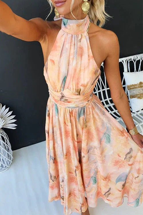 Elegantní plisované midi šaty s halter výstřihem
