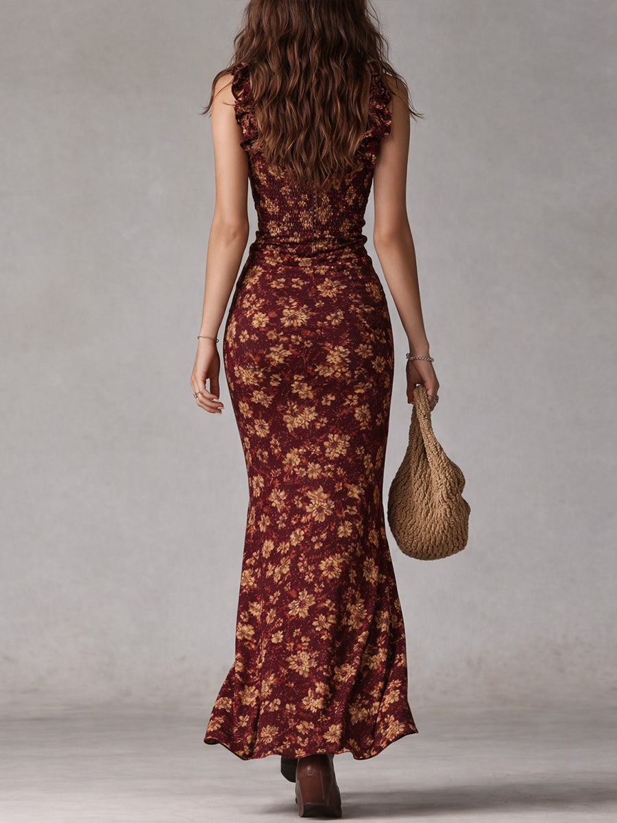 Robe Longue Bohème Volants Fleurie Femme