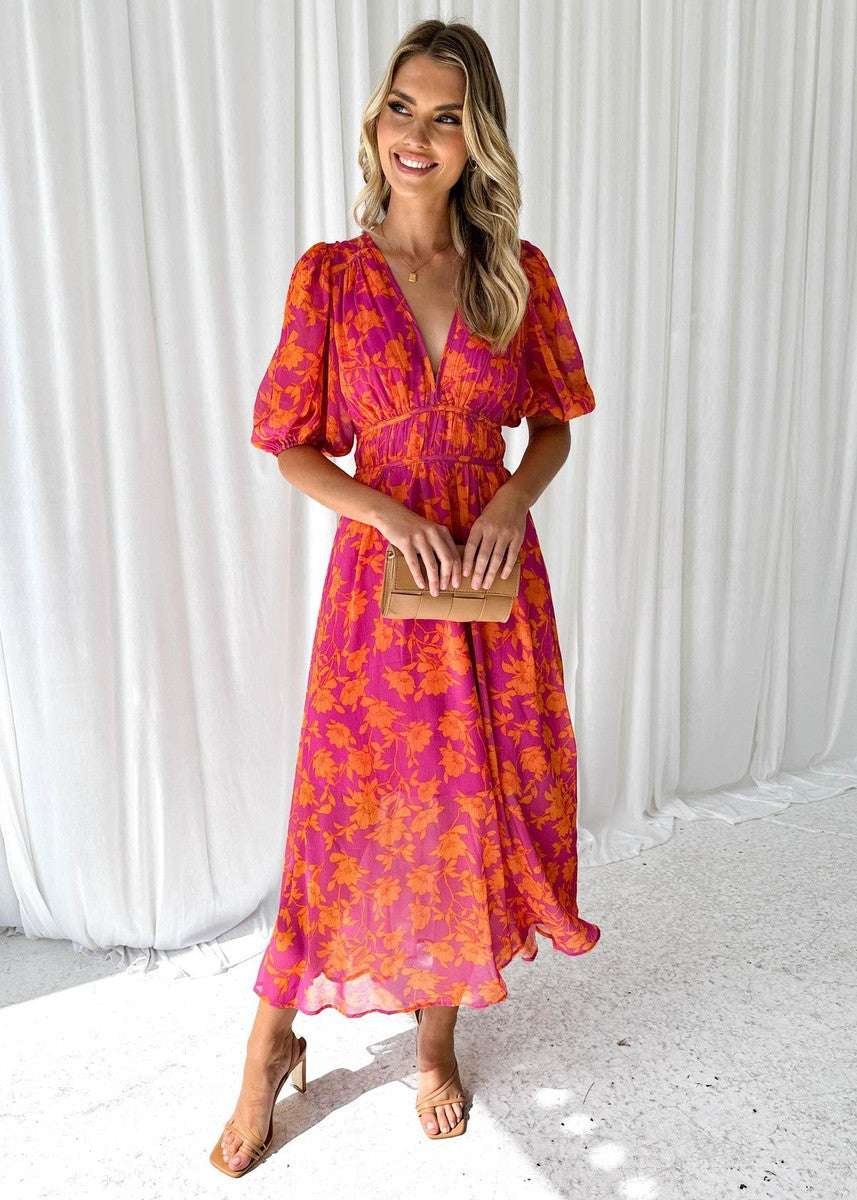 Robe midi floral manches bouffantes femme