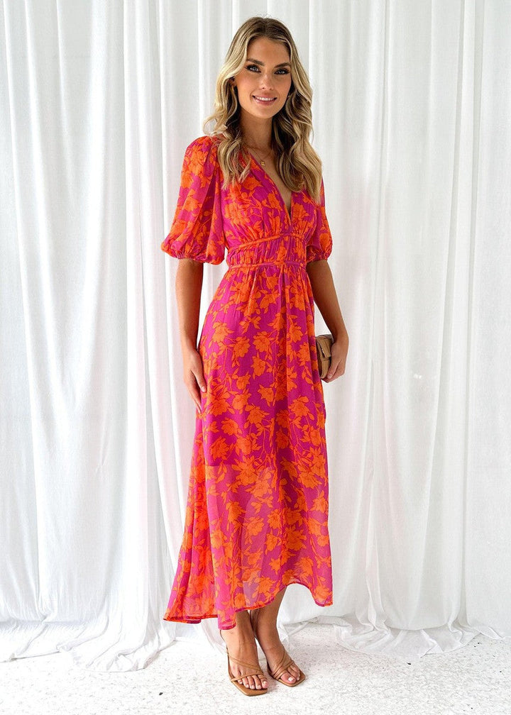 Robe midi floral manches bouffantes femme