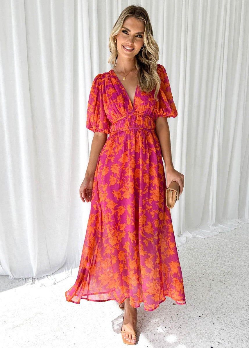 Robe midi floral manches bouffantes femme