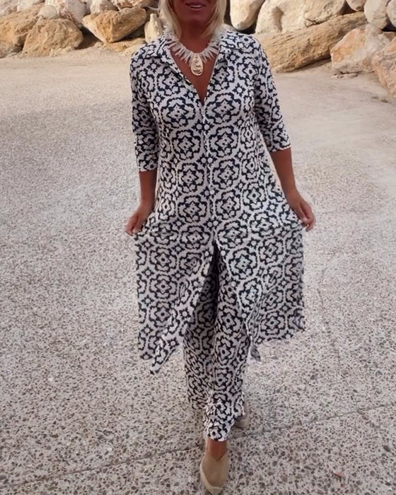 Ensemble Long Imprimé à Tunique Fluide et Pantalon Assorti pour Femme