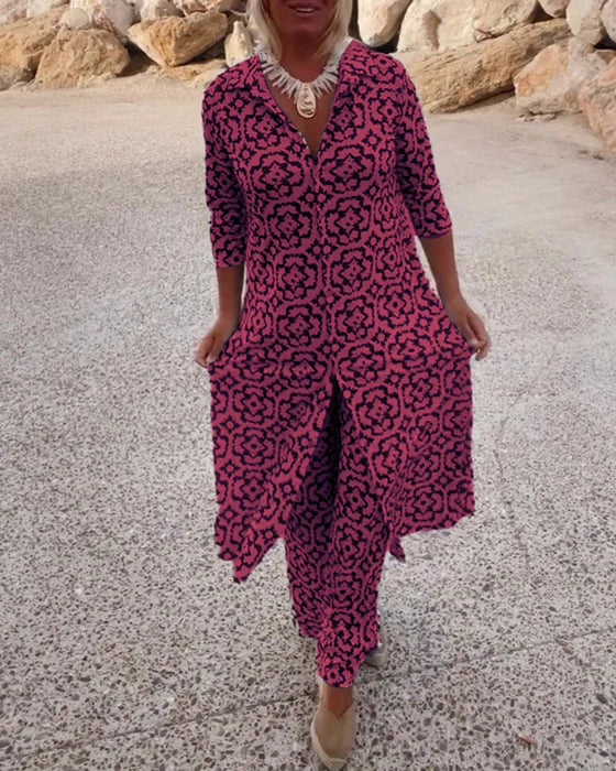 Ensemble Long Imprimé à Tunique Fluide et Pantalon Assorti pour Femme