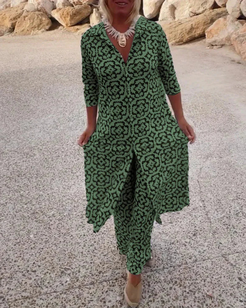 Ensemble Long Imprimé à Tunique Fluide et Pantalon Assorti pour Femme