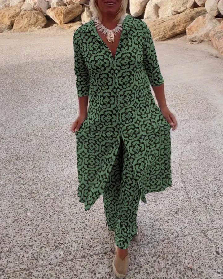 Ensemble Long Imprimé à Tunique Fluide et Pantalon Assorti pour Femme