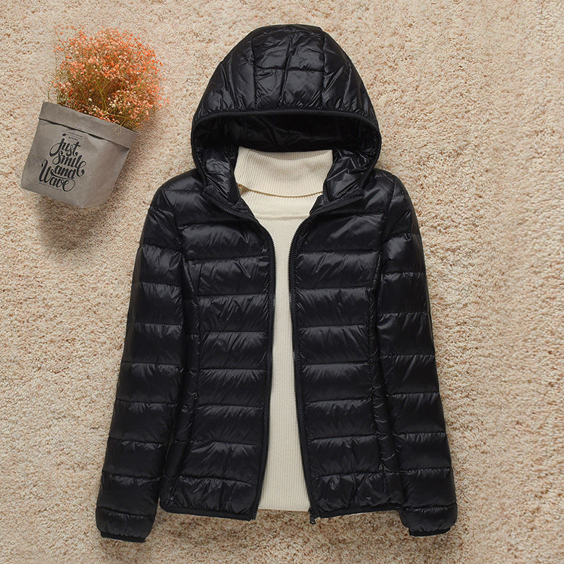 Lightweight Women's Down Jacket with Hood and Zipper Closure