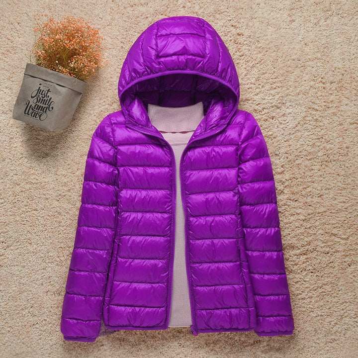 Lightweight Women's Down Jacket with Hood and Zipper Closure