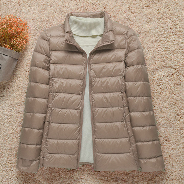 Lightweight Women's Down Jacket with Hood and Zipper Closure