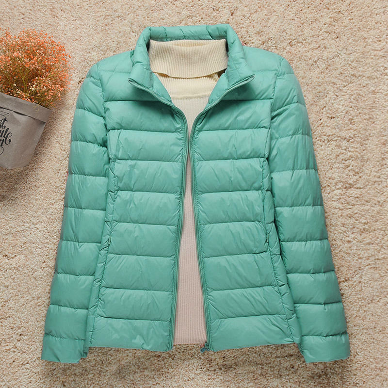 Lightweight Women's Down Jacket with Hood and Zipper Closure