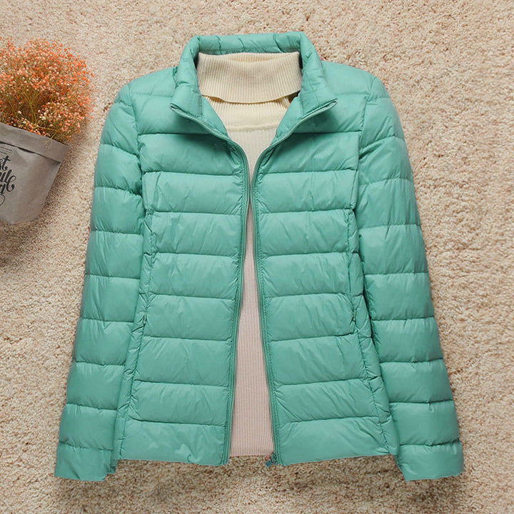 Lightweight Women's Down Jacket with Hood and Zipper Closure