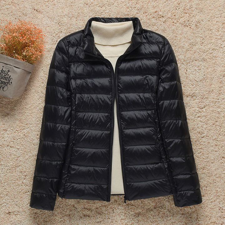 Lightweight Women's Down Jacket with Hood and Zipper Closure