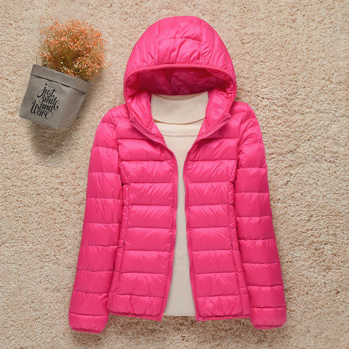 Lightweight Women's Down Jacket with Hood and Zipper Closure