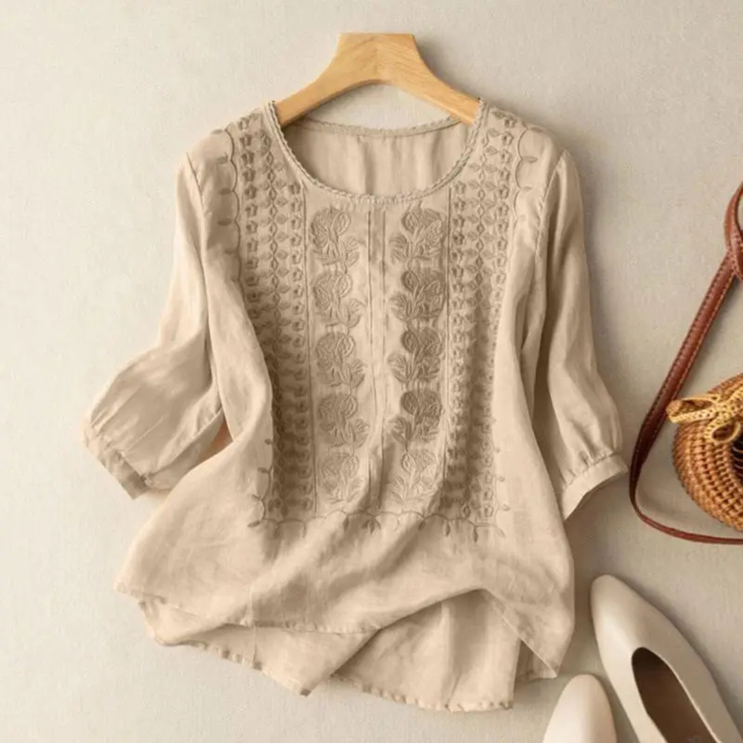 Blouse coton brodée manches 3/4 femme