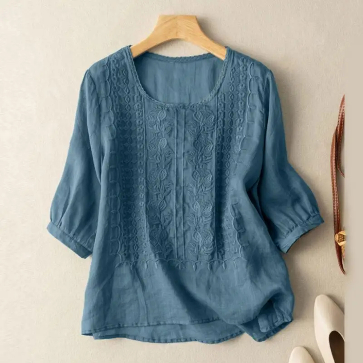 Blouse coton brodée manches 3/4 femme