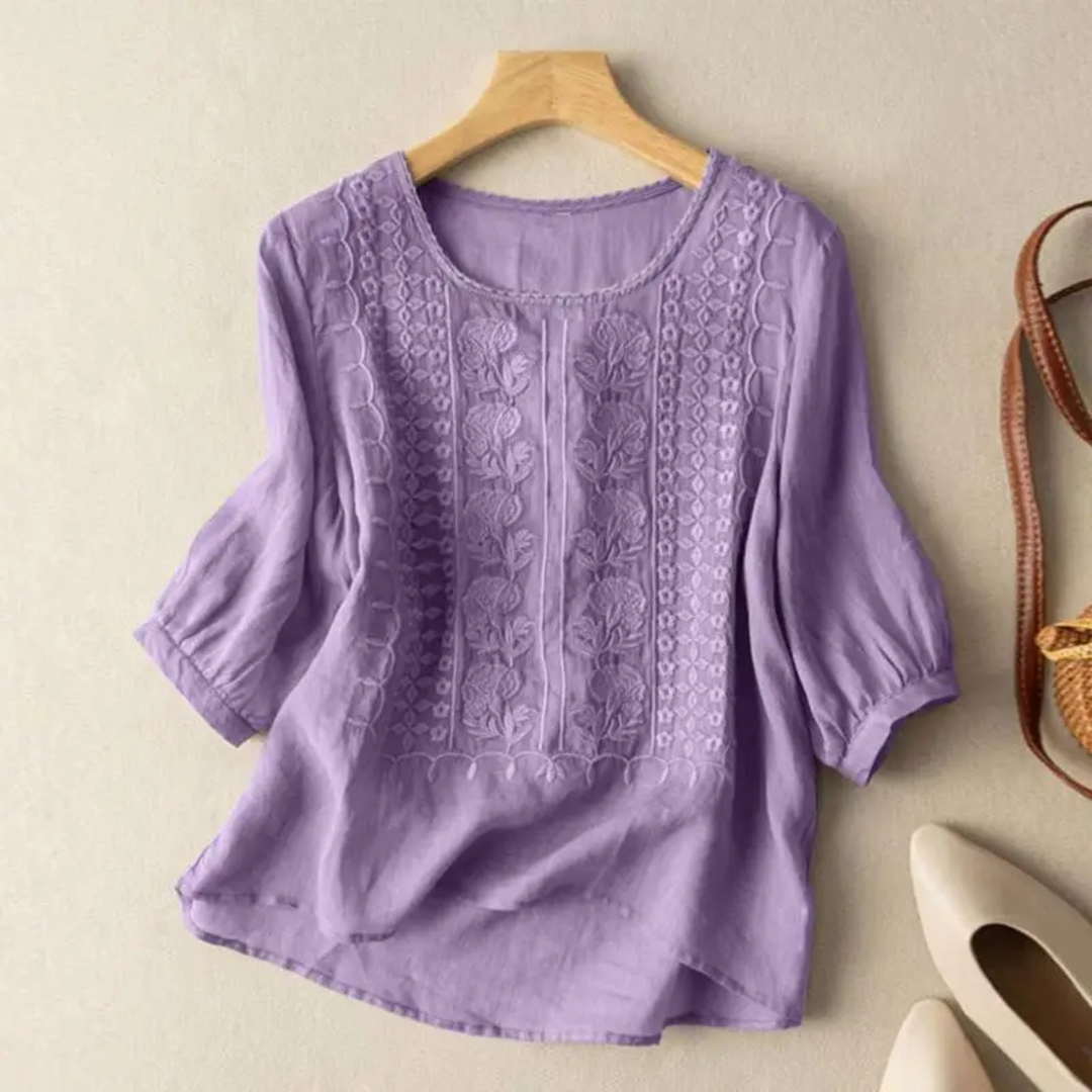 Blouse coton brodée manches 3/4 femme