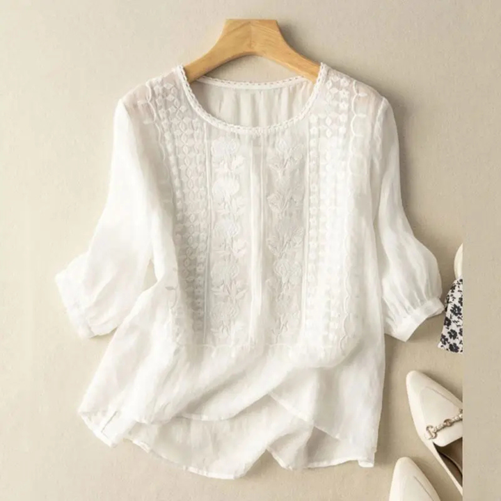 Blouse coton brodée manches 3/4 femme