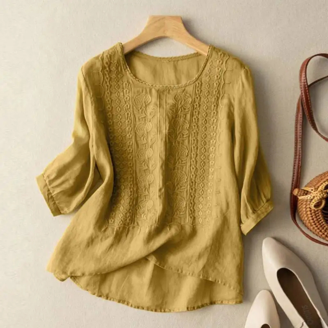 Blouse coton brodée manches 3/4 femme