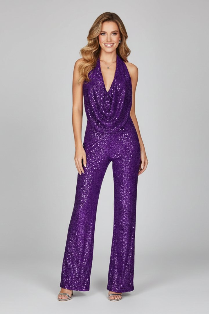 Elegante tuta da donna con schiena scoperta e scollo a V