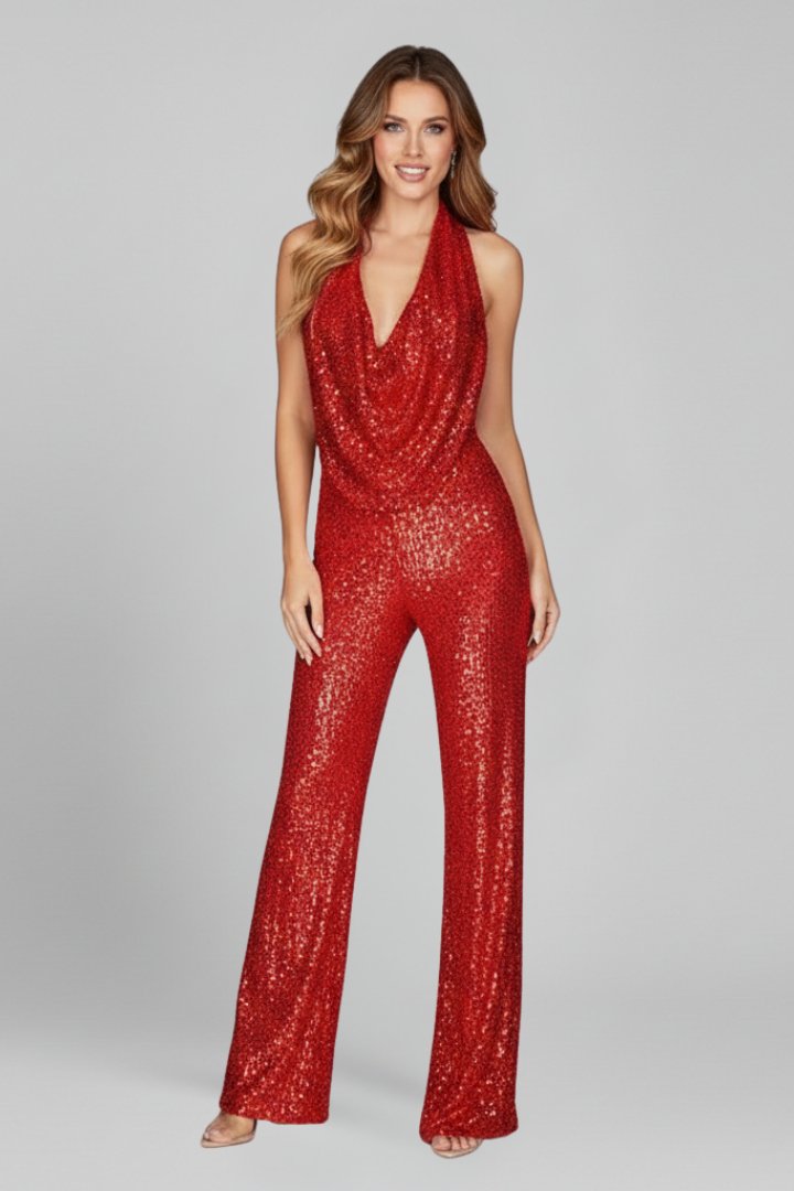 Elegante tuta da donna con schiena scoperta e scollo a V