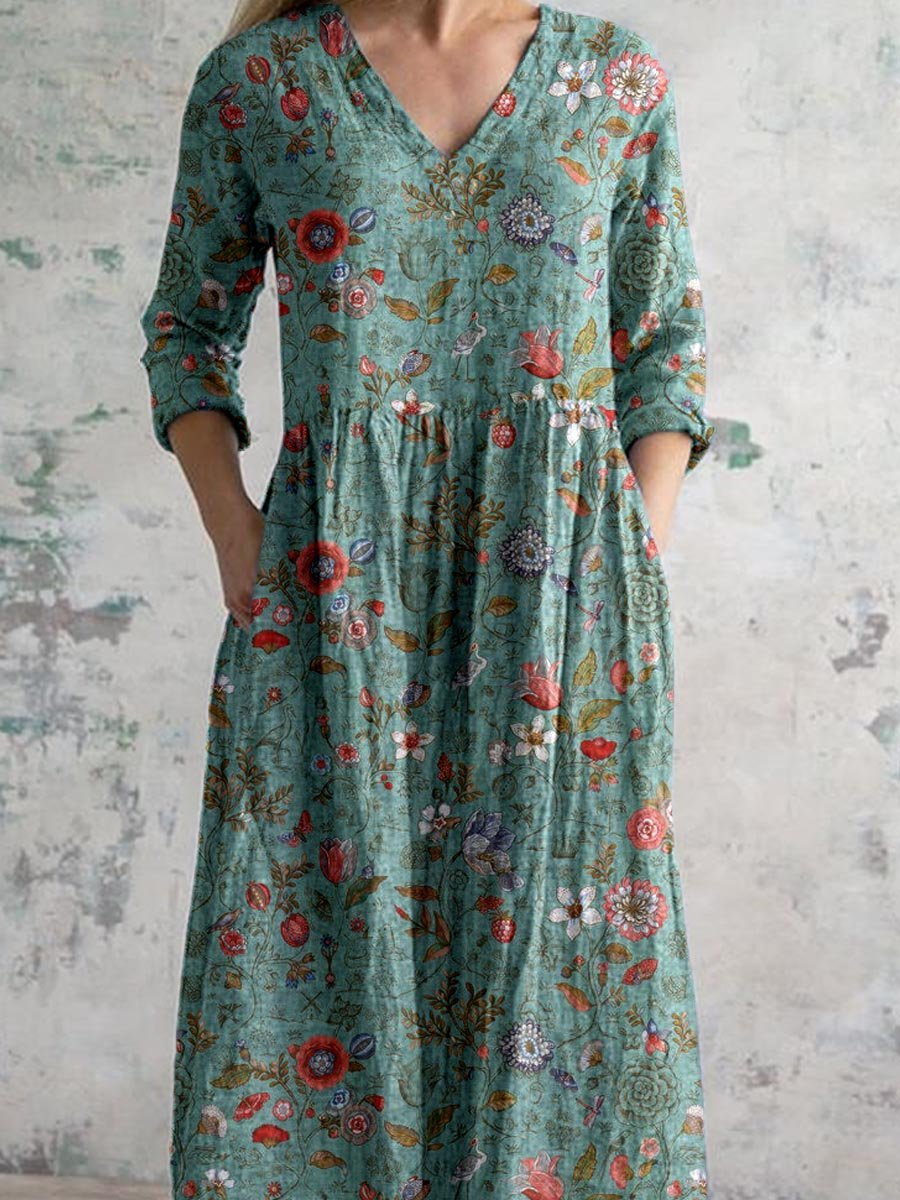 Women's floral cotton maxi dress with V-neck