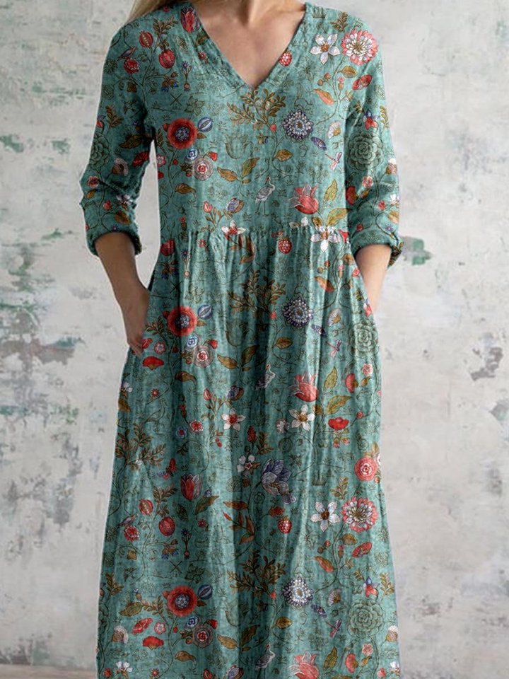 Robe maxi coton fleuri col V femme
