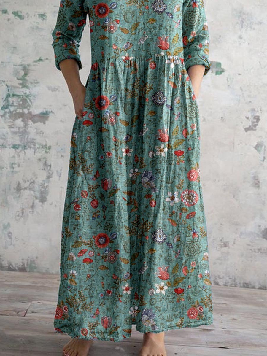 Women's floral cotton maxi dress with V-neck