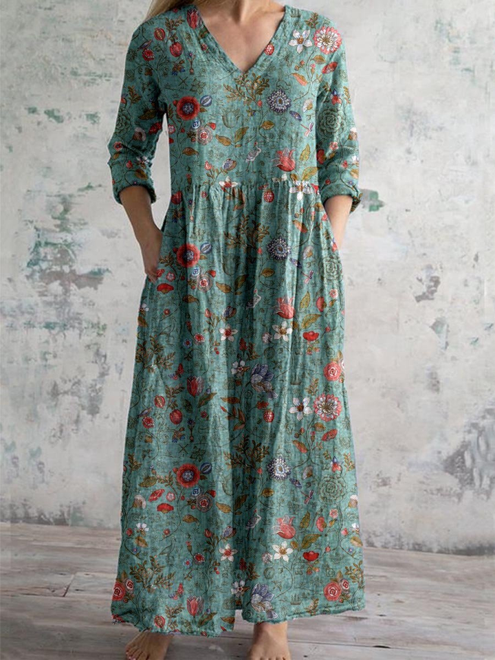 Robe maxi coton fleuri col V femme