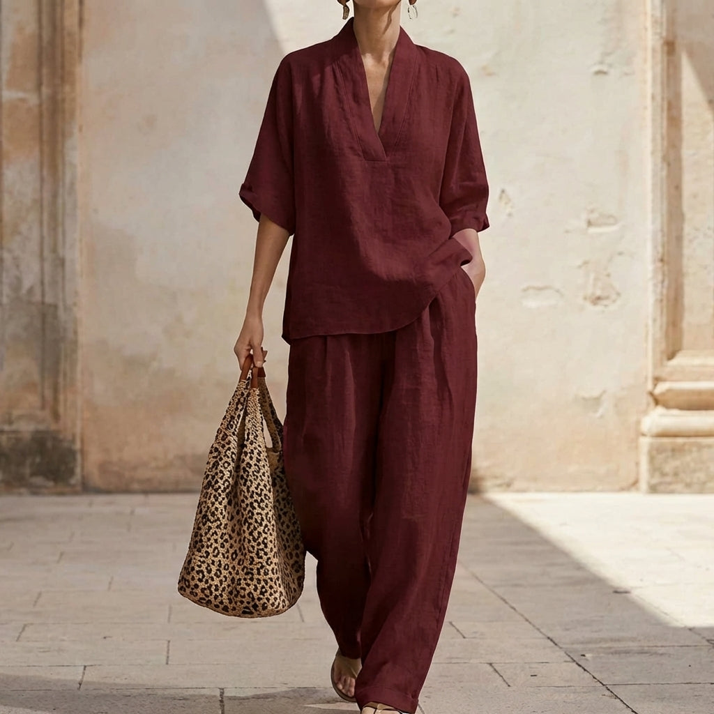 Ensemble Décontracté Fluide à Col V et Pantalon Ample pour Femme