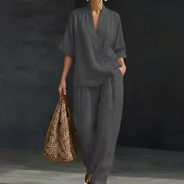 Ensemble Décontracté Fluide à Col V et Pantalon Ample pour Femme