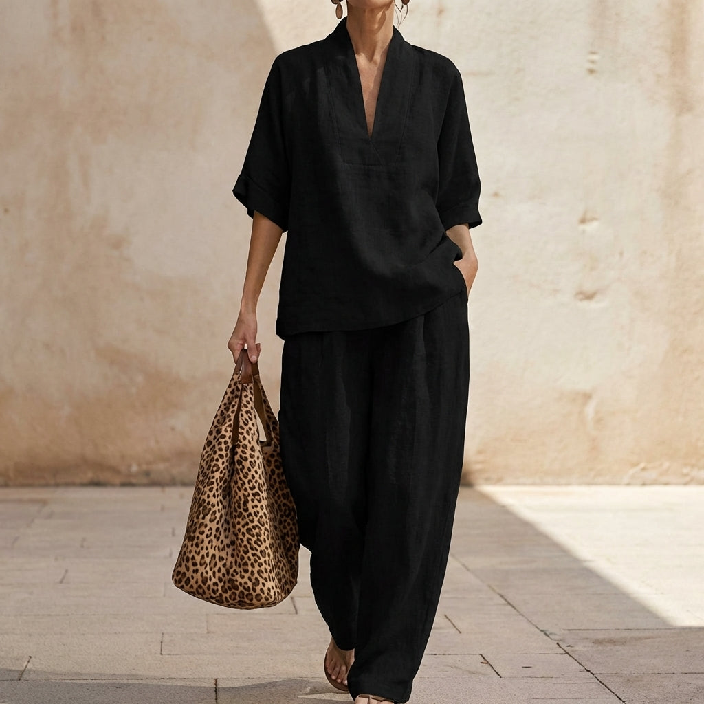 Ensemble Décontracté Fluide à Col V et Pantalon Ample pour Femme