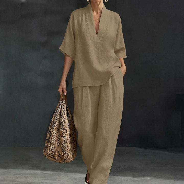 Ensemble Décontracté Fluide à Col V et Pantalon Ample pour Femme